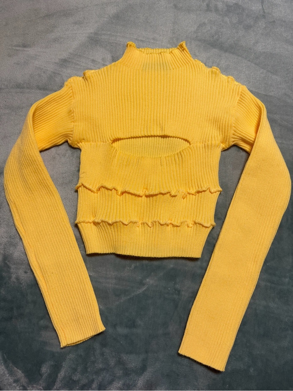 Yellow Ribbed Cutout Long-Sleeve Top
